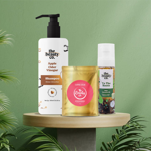 the beauty co Winter Hair Care | ACV Shampoo and Hair Growth Oil and Strawberry Scrub